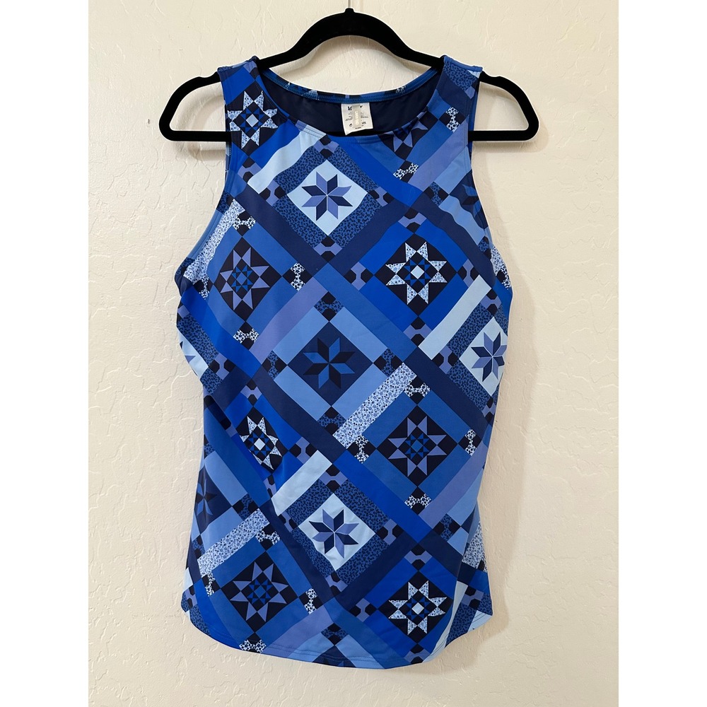 Lands End Women 16 Blue Geometric Quilt Star Tankini Swim Top High Neck Bra